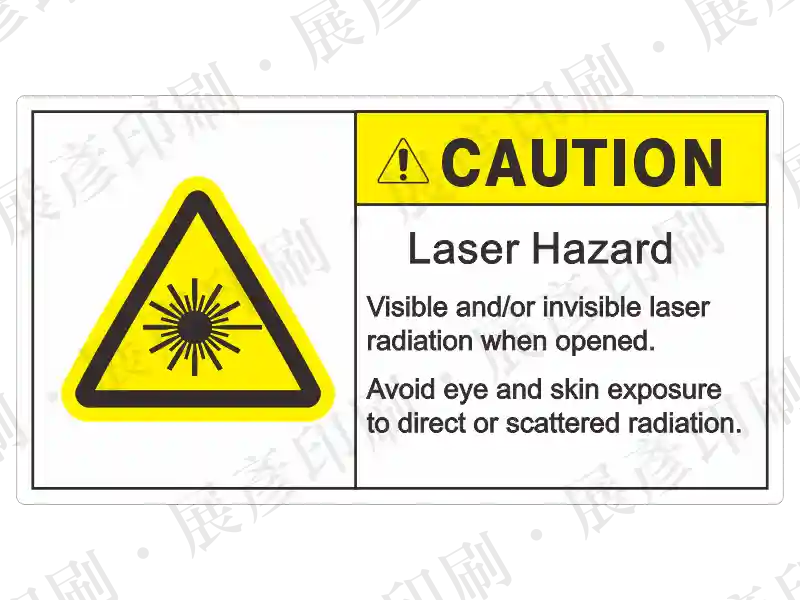 左側為黃色雷射警告三角形，右側黃底「CAUTION」，文字「Laser Hazard Visible and/or invisible laser radiation when opened. Avoid eye and skin exposure...」。用途：雷射輻射危害警示。語系：英文