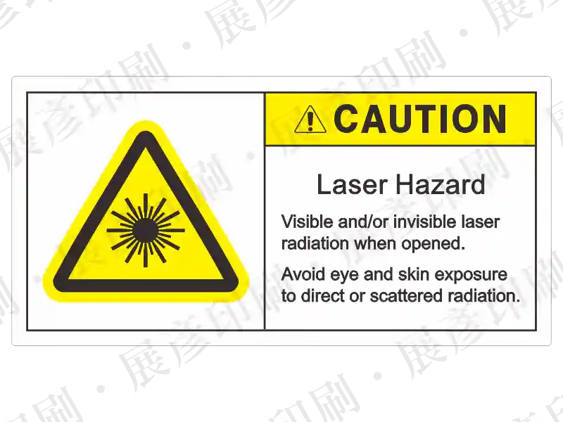 左側為黃色雷射警告三角形，右側黃底「CAUTION」，文字「Laser Hazard Visible and/or invisible laser radiation...」。用途：雷射輻射危害警示。語系：英文