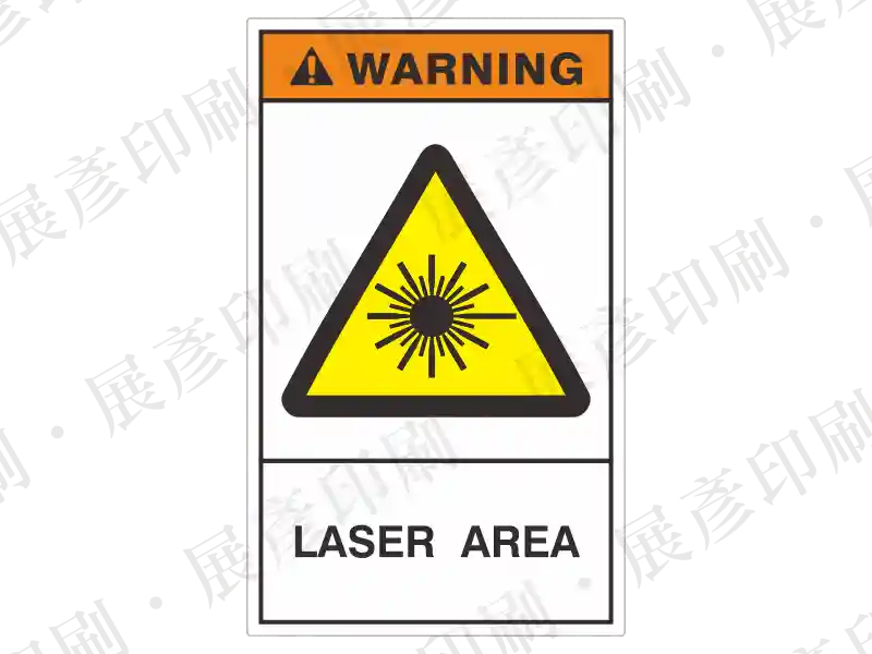 直式長方形，上方橘底「WARNING」，中間為黃色雷射警告三角形，下方文字「LASER AREA」。用途：雷射區域警示。語系：英文