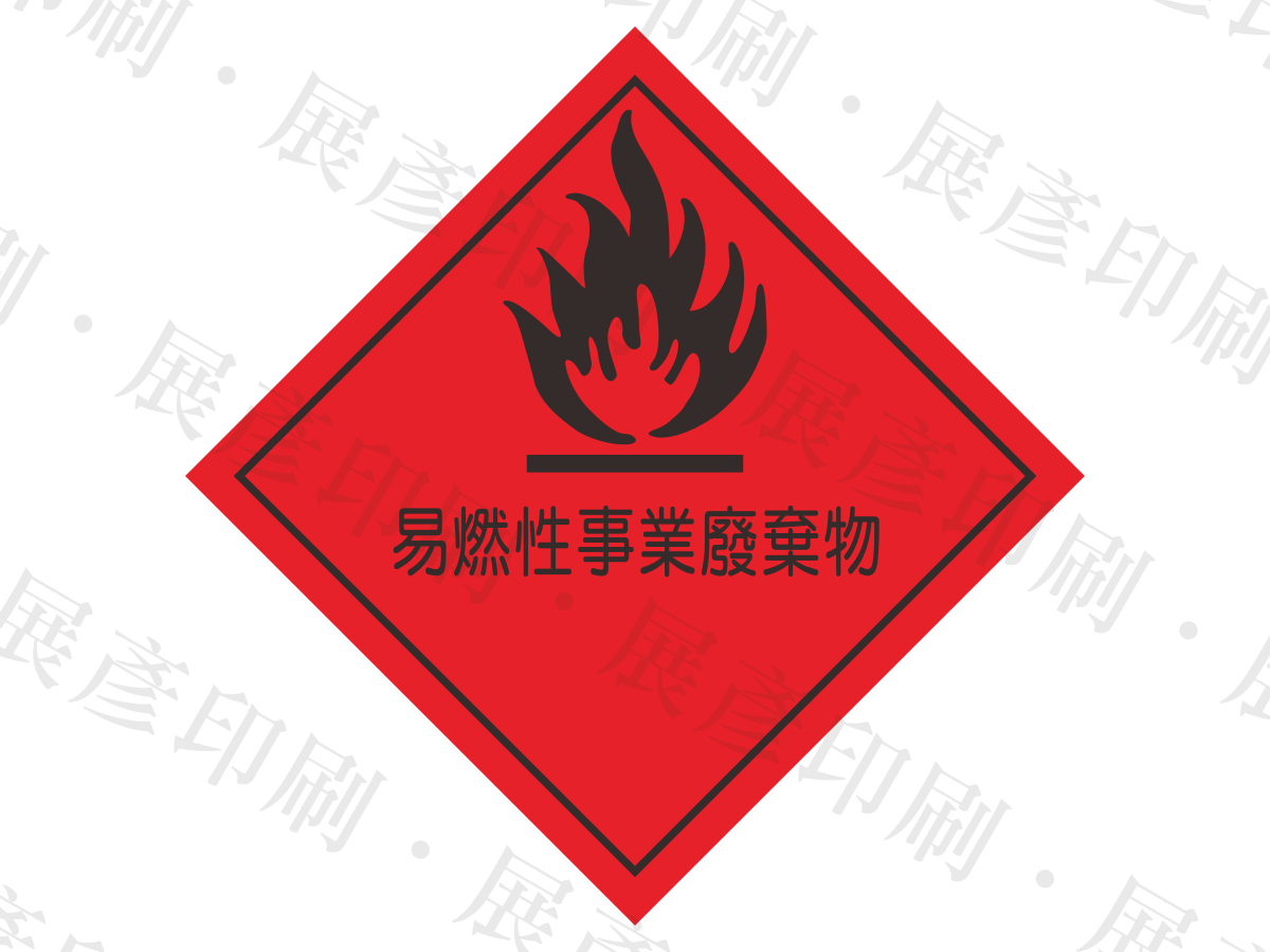 紅底黑圖，火焰圖示。文字「易燃性事業廢棄物」。用途：易燃性廢棄物標示。語系：繁中