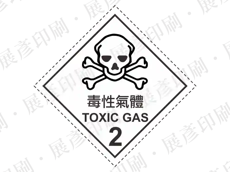 白底黑圖，骷髏頭與交叉骨圖示。文字「毒性氣體 TOXIC GAS 2」。用途：毒性氣體標示。語系：繁中/英文