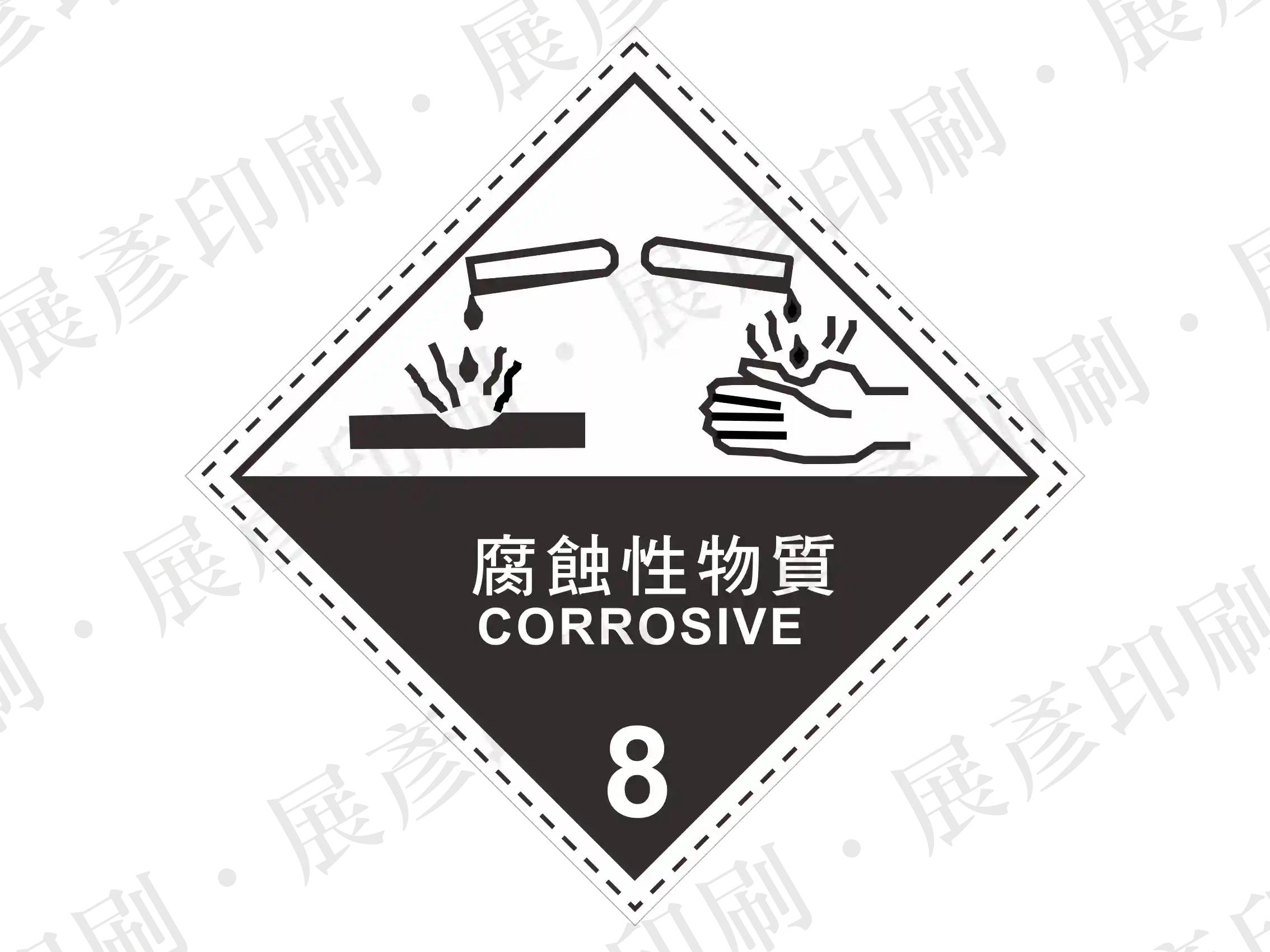 上半部白底黑圖(試管滴液腐蝕手與金屬)，下半部黑底白字。文字「腐蝕性物質 CORROSIVE 8」。用途：腐蝕性物質標示。語系：繁中/英文