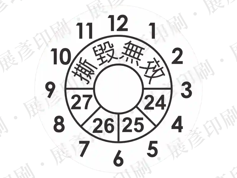 鐘面刻度樣式，中間文字「撕毀無效」。用途：保固失效標示。語系：繁中