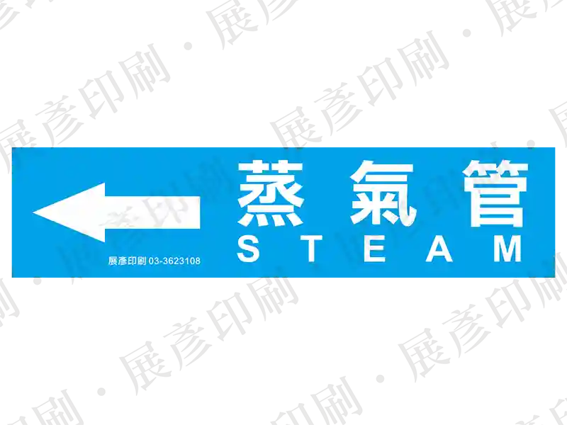藍底白字，左側箭頭，文字「蒸氣管 STEAM」。用途：蒸氣管路標示流向。語系：繁中/英文