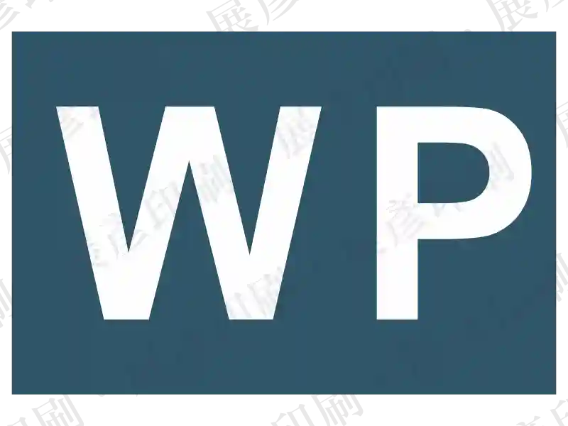 深藍/黑底白字,上方英文縮寫「WP」,下方無文字。用途:功能或位置標示(可能為Waste Pipe/Water Pump等縮寫)。語系:英文