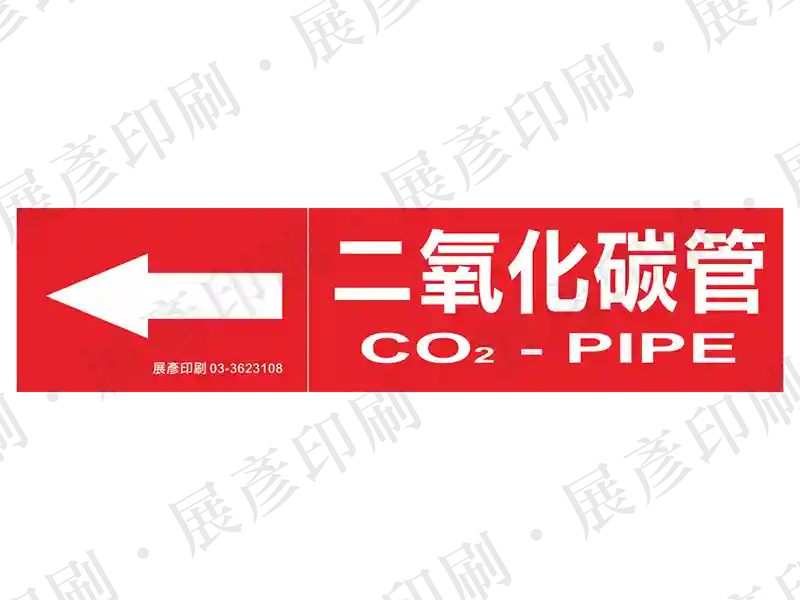 紅底白字,左側箭頭,文字「二氧化碳管 CO2 - PIPE」。用途:二氧化碳管路標示流向。語系:繁中/英文