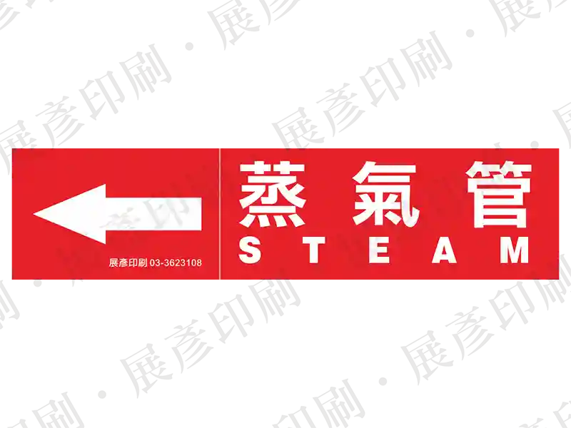 紅底白字,左側箭頭,文字「蒸氣管 STEAM」。用途:蒸氣管路標示流向。語系:繁中/英文