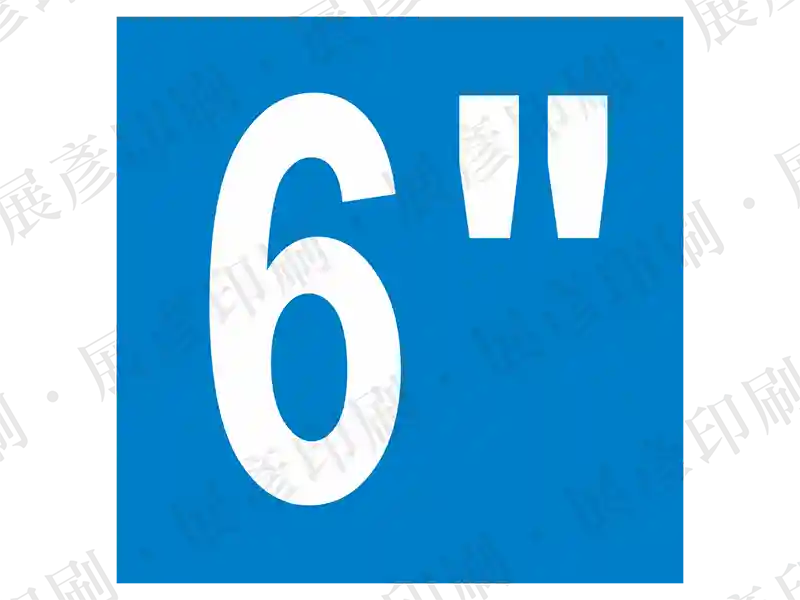 藍底白字,文字「6"」。用途:管徑尺寸標示(6英吋)。語系:英文