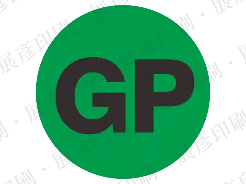 綠色圓形，黑色「GP」字樣。用途：綠色產品(Green Product)標章。語系：英文