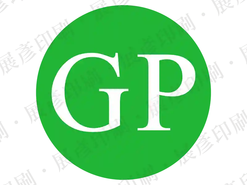 綠色圓形，白色「GP」字樣。用途：綠色產品(Green Product)標章。語系：英文