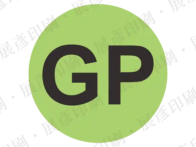 綠色圓形，黑色「GP」字樣。用途：綠色產品(Green Product)標章。語系：英文