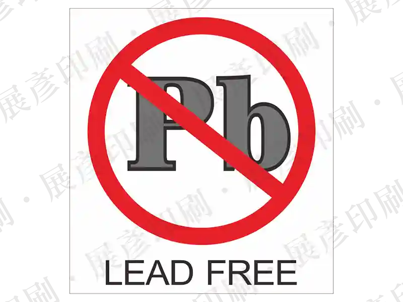 白底紅框，黑色「Pb」字樣上打紅色禁止線，下方文字「LEAD FREE」。用途：無鉛標示。語系：英文