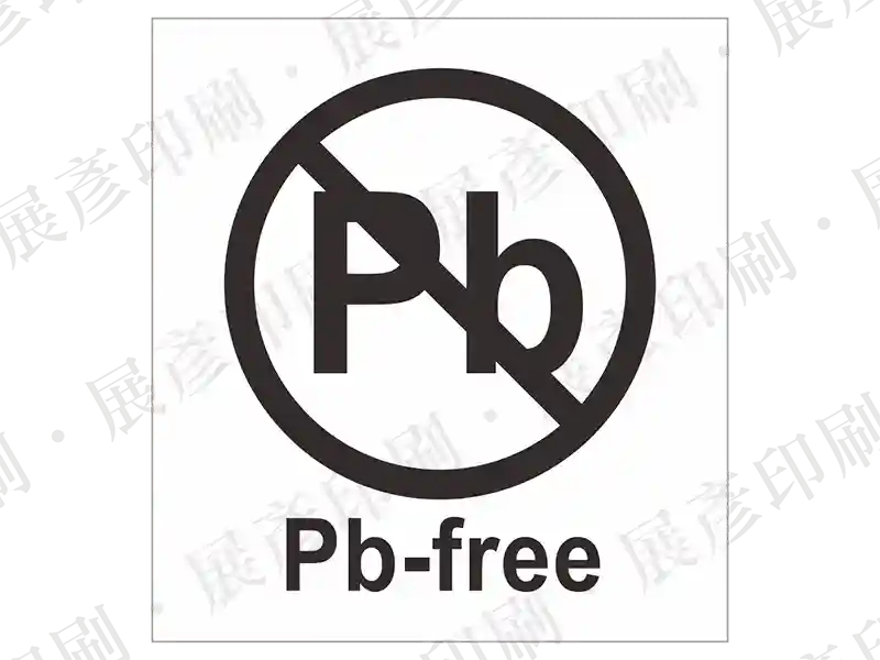 白底，圓圈內「Pb」字樣打黑色禁止線，下方文字「Pb-free」。用途：無鉛標示。語系：英文
