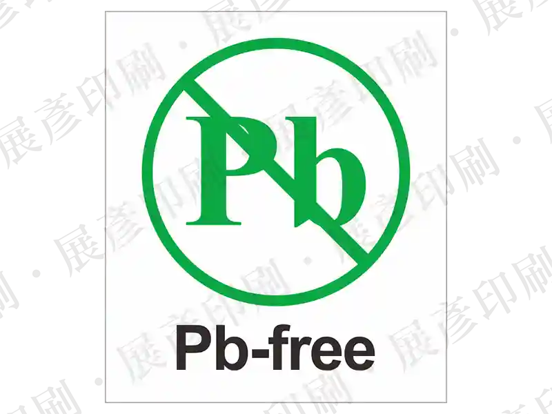 白底，綠色圓圈內「Pb」字樣打綠色禁止線，下方文字「Pb-free」。用途：無鉛標示。語系：英文