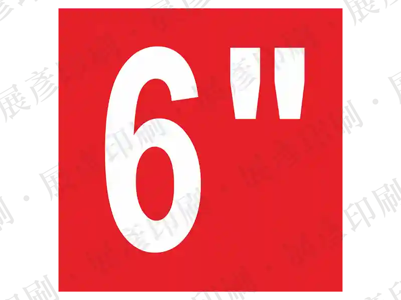 紅底白字,文字「6"」。用途:管徑尺寸標示(6英吋)。語系:英文